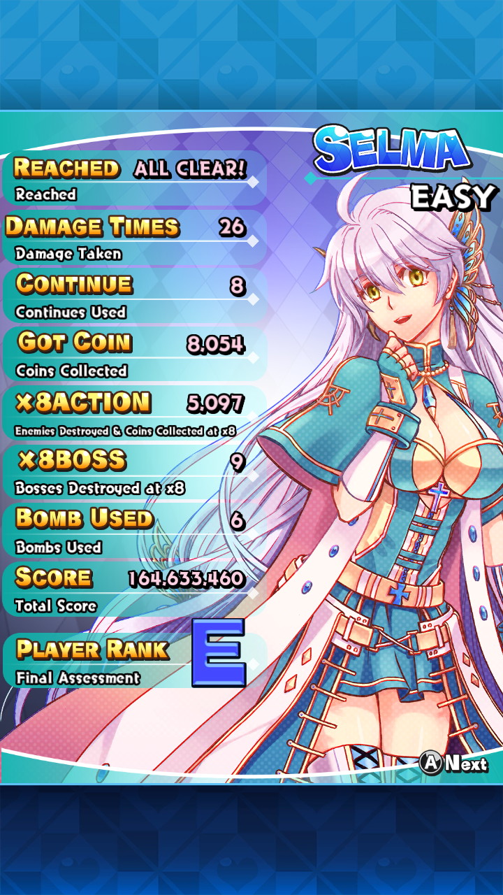 Screenshot: Sisters Royale detailed score of the character Selma on Easy difficulty showing a score of 164 633 460, rank E